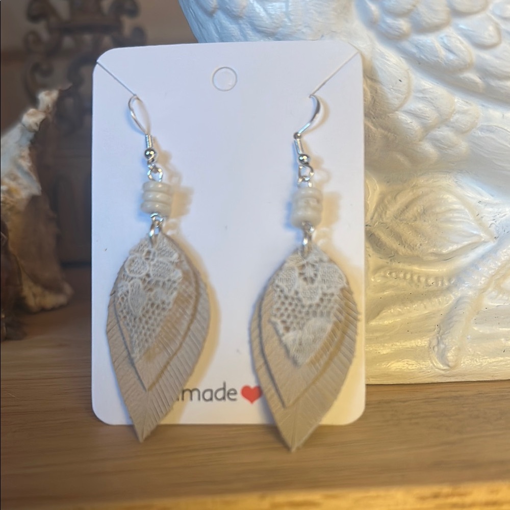 Leather Cream Teardrop Earrings with Vintage Lace Detail